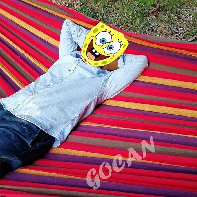 Brazilian Double Hammock 2 Person Extra Large Canvas 250x160cm Total Length 350cm Load 500lb Cotton Hammock for Garden Outdoor and Indoor Rainbow(98 * 65'')