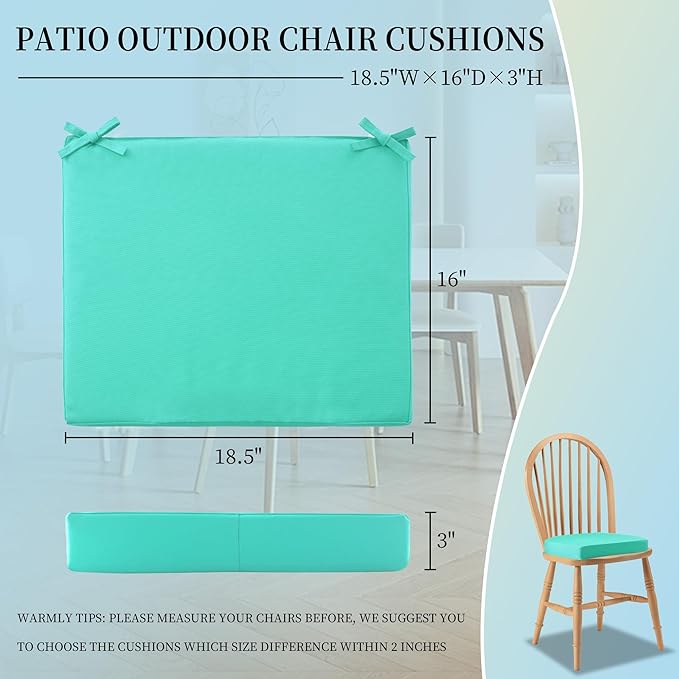 coolboss Outdoor Chair Cushions Set of 4, Outdoor Cushions for Patio Furniture, Water Resistant Chair Cushions for Outdoor Furniture Square Corner Patio Cushions with Non-Slip Ties, 18.5"x16"x3, Teal