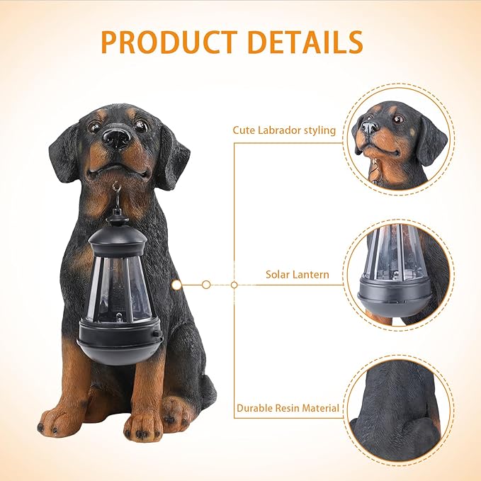 Garden Dog Statues Outdoor Decor, 13" Solar Powered LED Lights Outdoor Statue Garden Decorations Rottweiler Figurine for Patio, Lawn, Yard Decor, Valentines Day Gifts, Housewarming Garden Gift