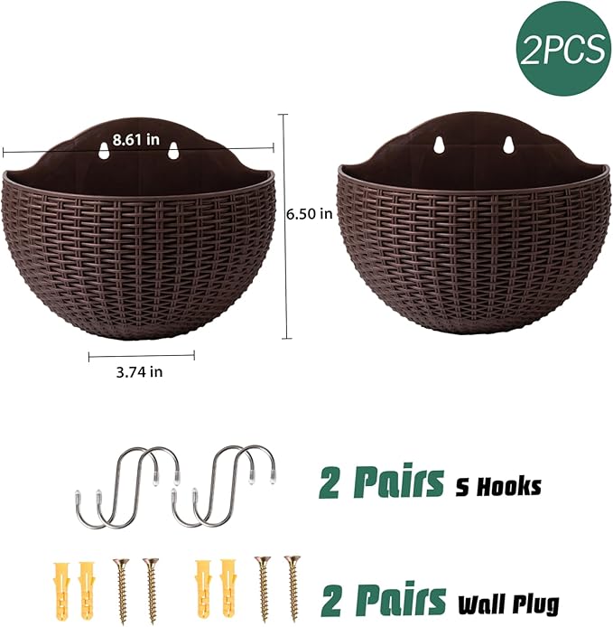 Wall Planter 2PCS Wall Hanging Planter Half Round Fence Planters with Drainage and Hooks Wall Mounted Planters for Balcony Garden Railing Coffee