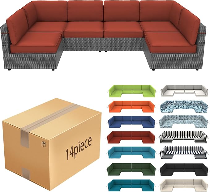14 Pcs Outdoor Replacement Cushions for Patio Furniture, All Weather Water Resistant Cushion for 6 Seat Rattan Wicker Sectional Patio Conversation Sets and Couch (Brick Red)
