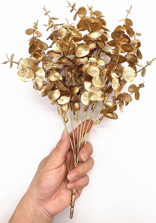 CATTREE Artificial Golden Eucalyptus Decorations, Fake Gold Plants Shrubs Faux Simulation Foliage for Wedding Party Indoor Hotel Hall Table Centerpieces Christmas DIY Decor Planting Filler - 4 Pack