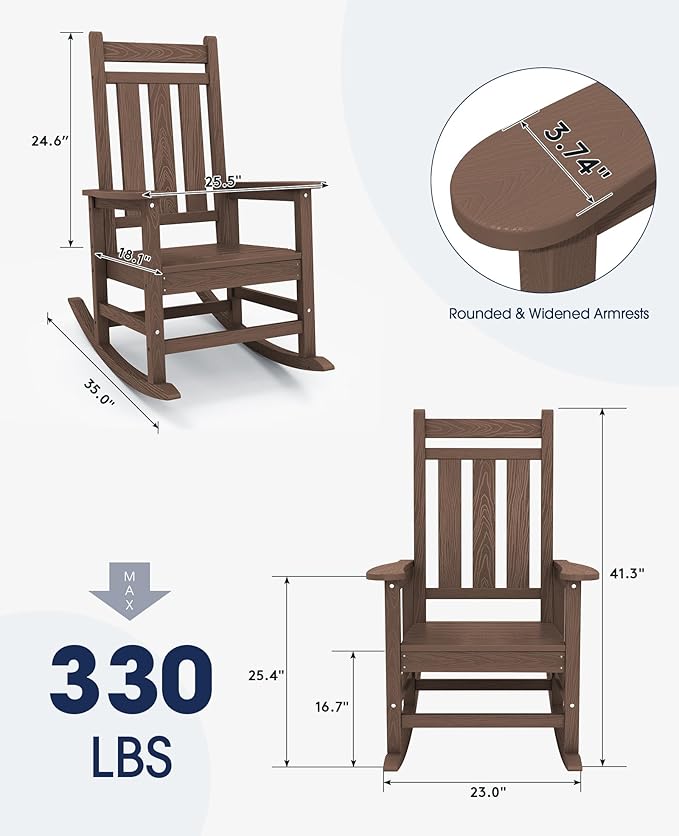 KINGYES Outdoor Rocking Chair Set of 2, All-Weather Patio Rocking Chairs for Porch, HDPE Rocking Outdoor Chairs with High Back for Adult, Heavy Duty Outdoor Patio Rockers for Garden, Lawn, Brown