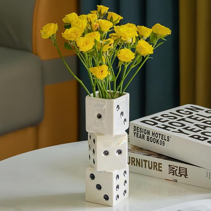 Ceramic Dice Vase - Unique Decor for Dried Flowers, Rose, Pampas Grass - Stunning Design for Any Modern Space for Inspiring Smiles