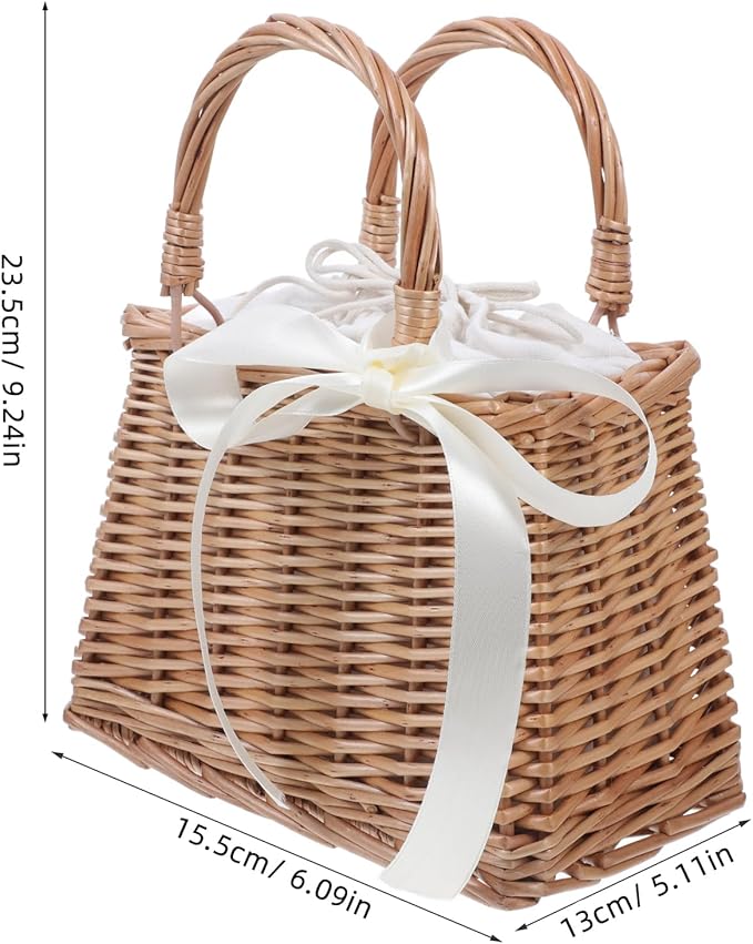Baluue Rattan Woven Small Bag with Handle Decorative Flower Basket for Wedding Home and Garden Storage Portable Lightweight Wicker Purse 10.82X9.05X5.11 Inches