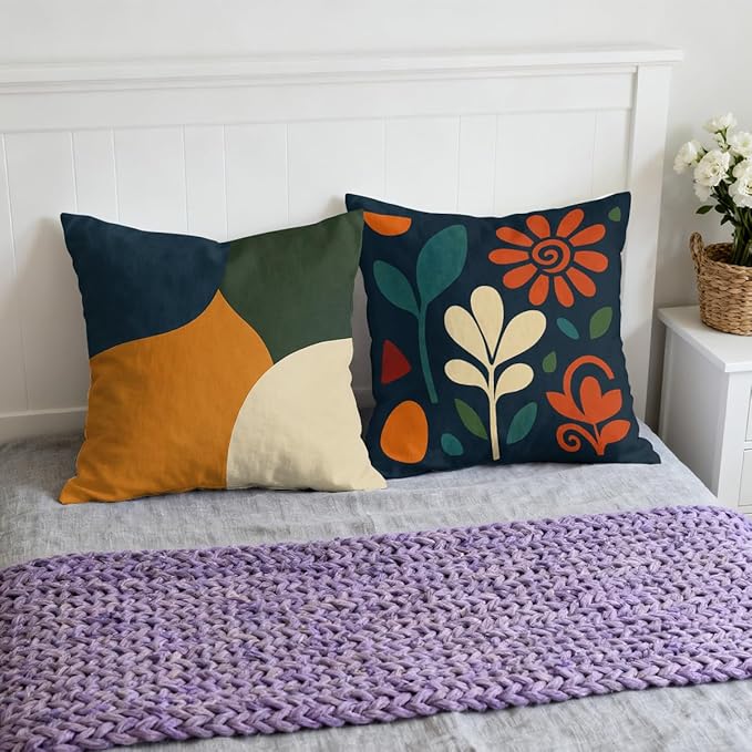Abstract Pillow Covers 18x18 inch Set of 4, Modern Geometric Line Art Orange Green Blue Cushion Case Outdoor Sofa Throw Pillows Cover Garden Pillow Covers for Couch Living Room Bed Indoors Home Decor