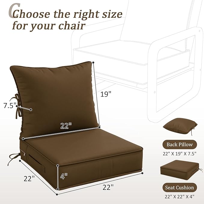 Outdoor Patio Chair Cushions Set 22 L X 22 W X 4 H Waterproof & Fade Resistant Deep Seat and Back Cushions with Removable Covers Outdoor Seat Cushion Set for Chairs and Sofas