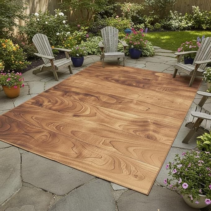 Washable Natural Wood Grain Outdoor Rug 5x8 Brown Rustic Wooden Board Outdoor Area Rug for Balcony Backyard Patio Porch Durable Easy Clean Outside Carpet Waterproof Non Slip Farmhouse Floor Rugs