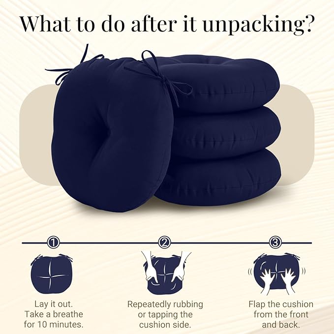 downluxe Bistro Chair Cushions for Patio Furniture, Water-Resistant Round Outdoor Chair Cushions Set of 4 with Non-Slip Ties, 15" x 15", Navy