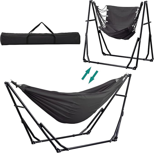 Ainfox Hammock with Foldable Stand, 2 in 1 Hammock and Swinging Chair with Carrying Bag, Portable Camping Chair Suitable for Outside, Swing,Patio,Garden,Camping Trip Grey