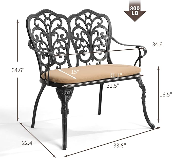 HOMEFUN Outdoor Bench with Cushion - Patio Garden Benches Metal Loveseat Butterfly Cast-Aluminum Outside Furniture for Park Lawn Front Porch Black