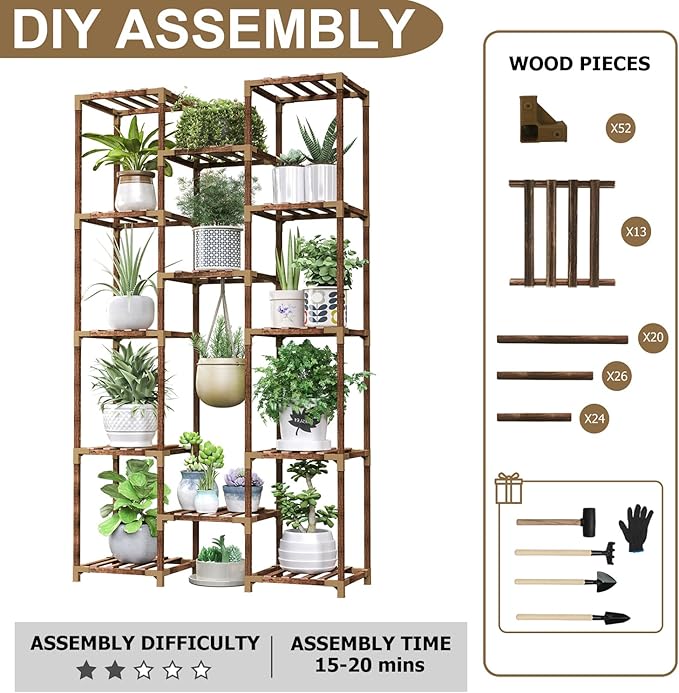 HOMKIRT Tall Plant Stand Indoor Outdoor, 13 Tier Large Plant Shelf Rack Holder for Multiple Plants, Flower Stand for Hanging Planters for Patio, Porch, Living Room, Balcony, Garden