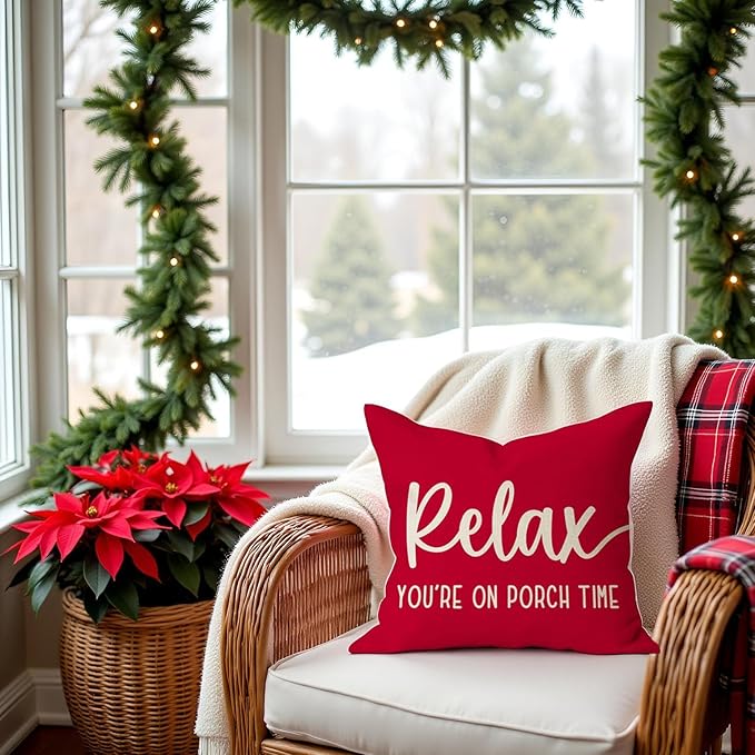 PANDICORN Decorative Throw Pillow Covers 18x18 Inch Relax Porch Time Red Outdoor Farmhouse Christmas Porch Decorations Decorative Throw Pillows Cases for Front Porch Patio Couch Bench Decor