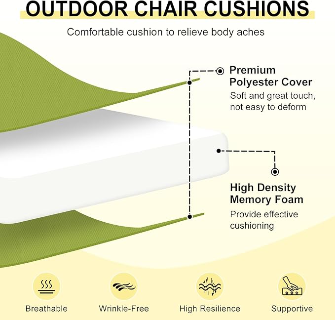 downluxe Outdoor Chair Cushions Set of 4 for Patio Furniture, Water-Resistant Square Corner Patio Chair Cushions with Ties, High Density Foam Outdoor Seat Cushion, 18.5" X 16" X 3", Sage Green