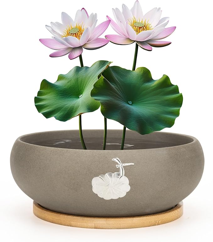 Ceramic Planters with Wooden Tray: 7" Hydroponic Lotus Bowl Planter for Water Lilies | Nature-Inspired Carvings Indoor/Outdoor Decorative Pot | Elegant Aquatic Garden Centerpiece