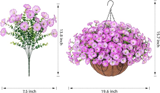 Artificial Faux Hanging Flowers Plants Basket for Outdoors Spring Decoration, UV Resistant Fake Silk Morning Glory in Planter Look Real Hanging Baskets for Outside Porch Patio Balcony Yard Home Decor