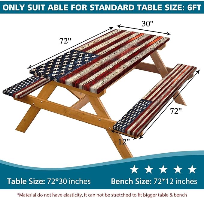 Picnic Table Cover with Bench Covers Elastic Edges, American Flag Wooden Camper Fitted Table Cover, Outdoor Camping Essentials, Waterproof Camping Fitted Tablecloth with Drawstring Bag, 60In 3PCS