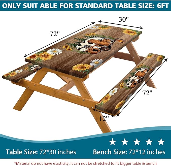 Picnic Table Cover with Bench Covers, Sunflower Wood RV Essentials Waterproof Windproof Camping Tablecloth with Drawstring Bag, for Indoor & Outdoor, Garden, Camping 3PCS, 96in, Brown