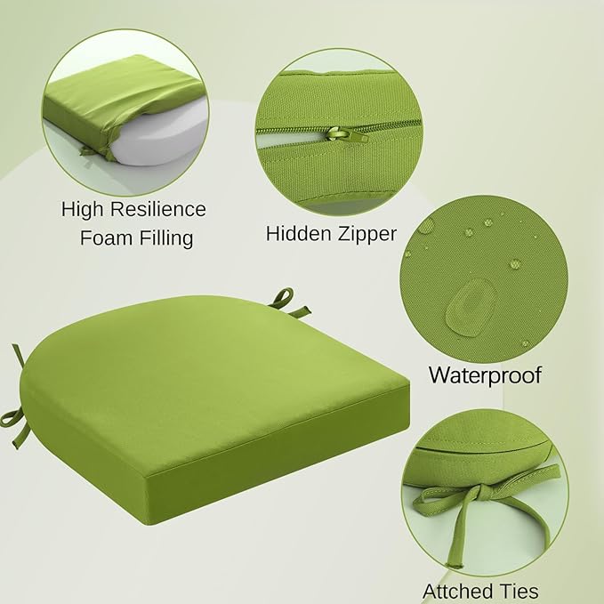 idee-home Thick 17" x 17" x 3" Patio Chair Cushions Set of 2, Waterproof with Ties, Seat Cushions for Outdoor Furniture, Dining Chair Pads Green
