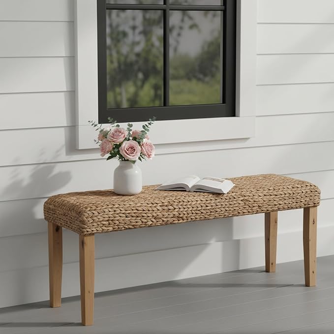 Solid Wood Acacia Indoor Bench with Natural Woven Seat, 47" Boho Bench Entryway, Wood Bench for Living Room or Entryway, Vintage Bench (Fishbone Style - Natural, Water Hyacinth)