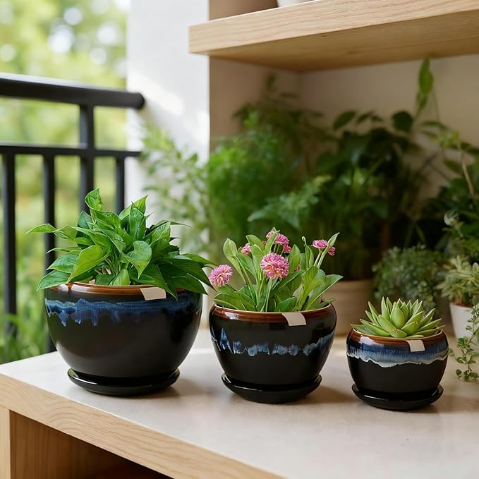 AVLA 3 Pack Ceramic Flower Pots, Gardening Drip Glazed Planter, Plant Pot with Drainage Hole and Saucer, 7/5/4 Inch Rustic Houseplant Container for Succulent Herbs Cactus Orchid, Home Indoor Outdoor