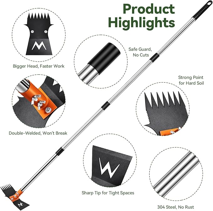 2-in-1 Weed Puller Tool & Moss Scrub Brush Set with 60" Adjustable Handle | Quick-Change Garden Hoe, Weed Puller & Concrete Brush for Patio Cleaning and Weed Removal with Pruning Shears & Gloves