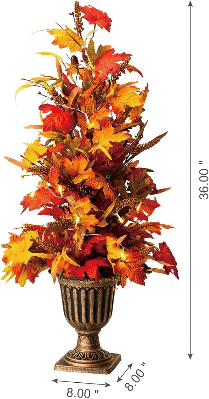 Glitzhome 2 Pcs Fall Maple Trees with Lights & Timer, 36''H Lighted Artificial Urn Potted Porch Tree with 20 Warm White LEDs, Decorative Fall Front Door Trees for Outdoor Indoor Porch Entryway
