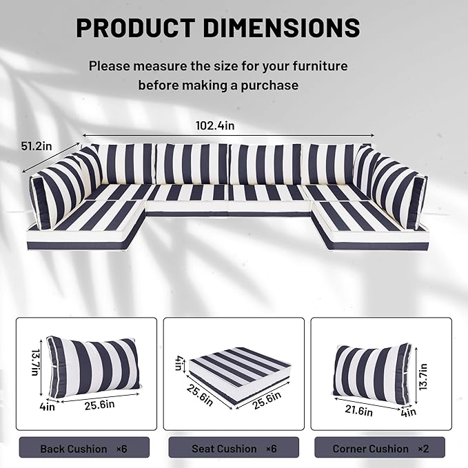 14 Piece Outdoor Sectional Cushions, Water-Resistant Outdoor Sofa Cushions Replacement, 4" High Density Foam Patio Furniture Cushions Fits 6-seat Rattan Conversation Set (Navy Blue White Stripes)