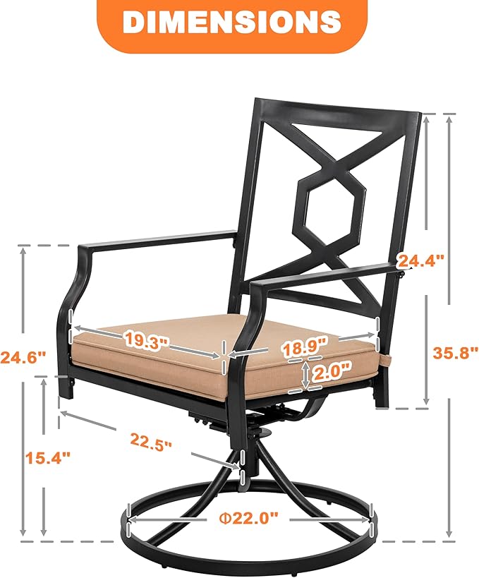 NUU GARDEN Outdoor Patio Swivel Chair Set of 2, Iron Swivel Rocker Dining Chairs with Padded Cushions, Comfortable Outdoor Chairs for Patio, Garden, Backyard & Balcony, Black and Beige