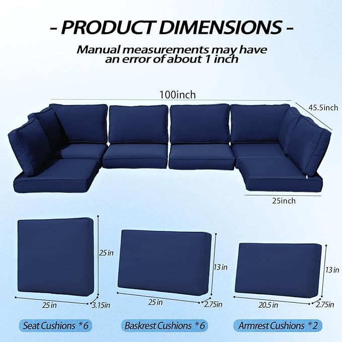 Patio Furniture Cushions,14Pieces Water-Resistant Outdoor Replacement Cushions,Sectional Sofa Cushions for Fits 6-Seats Rattan Wicker Patio Conversation Sets(Dark Blue)