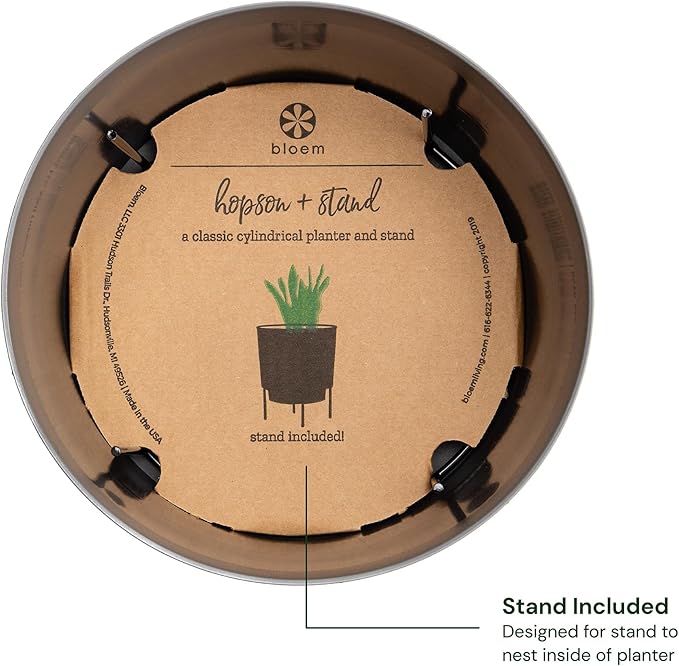 Bloem Hopson Decorative Resin Cachepot with Metal Stand, 10" Indoor and Outdoor Planter with Black Metal Stand, Charcoal