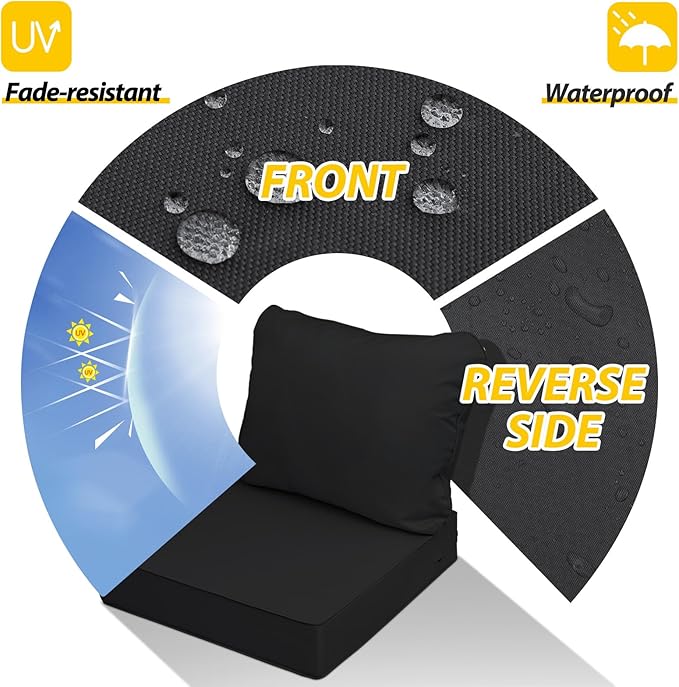 AAAAAcessories Outdoor Deep Seat Cushions, Waterproof, Fade-Resistant Patio Furniture Replacement Cushions, 25.5" x 25.5" x 5" + 25.5" x 19", Set of 4, Black