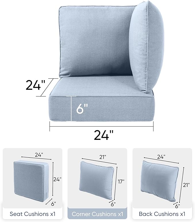 Luxury 24x24x6 Outdoor Corner Cushion 1 Set - Water-Repellent 3-Piece Cushion Set with Zipper for Outside Wicker Sofa Loveseat Chair Sectional Patio Conversation Sets - Baby Blue/Classic