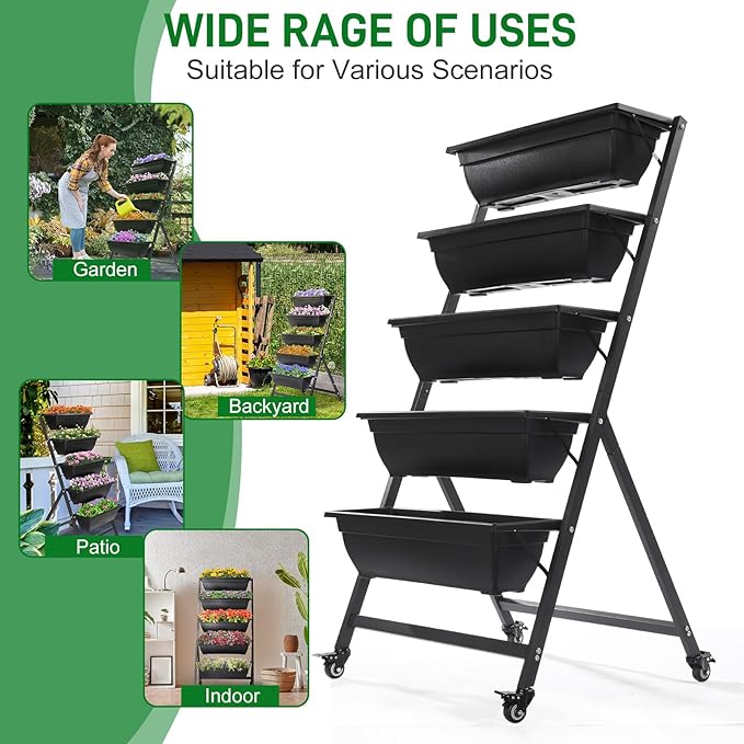 5 Tier Metal Vertical Raised Garden Bed,Tiered Planter Stand with Wheels,Vertical Garden Planter for Indoor & Outdoor,Vegetable Flower Raised Stand,for Patio Balcony Lawn Porch Yard (Black)