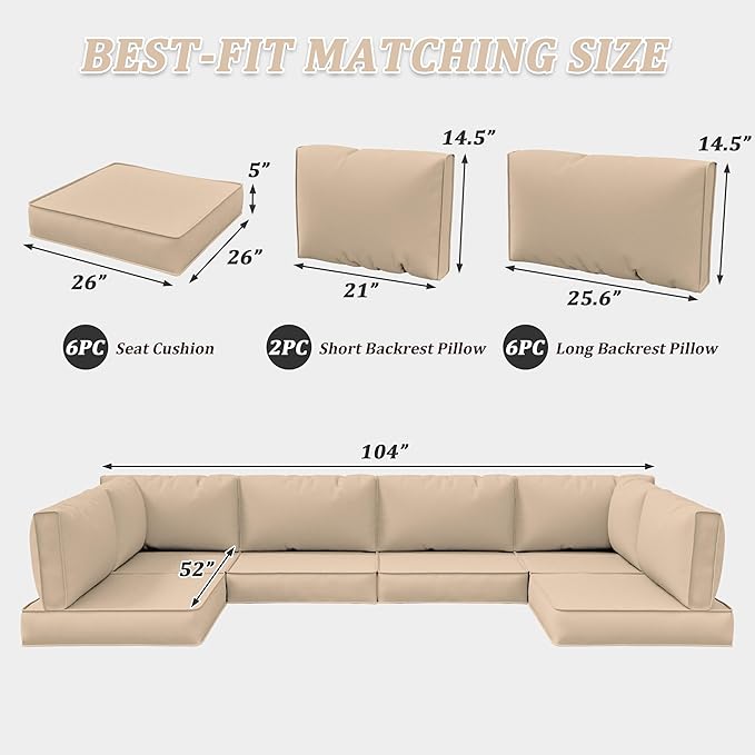 14-Piece Outdoor Cushions for Patio Furniture Thick Outdoor Chair Cushions 5" Foam High-Density Water-Resistant Deep Seat Cushion for 6-Seat Sectional Sets Liner&Cover Sand