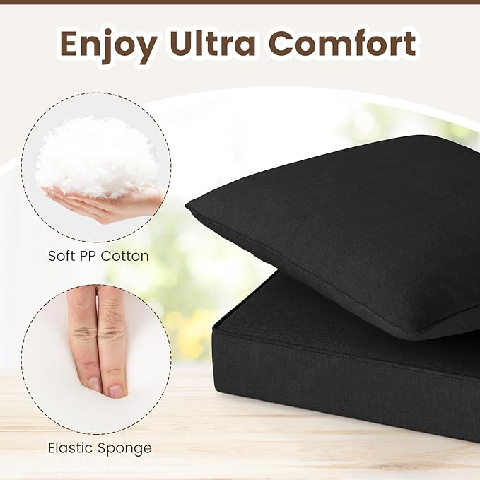Giantex Patio Cushion Set, Outdoor Chair Seat Pads w/Non-Slip Rope Belts, Detachable Patio Furniture Cushions, Thick Seat Cushion & Back Cushion for Living Room Floor Sofa Patio Garden Chair (Black)