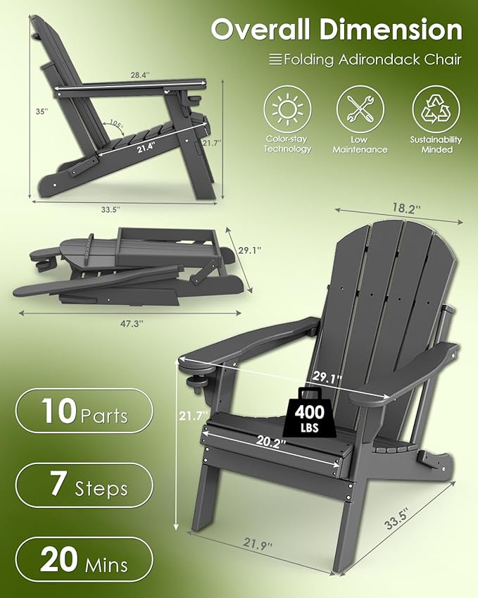 GREENVINES Folding-Adirondack-Chairs-Set-of-4 | HDPE Plastic | Fire Pit Chair | All Weather | Cup Holder | Grey | for Deck Backyard Patio Outdoor Garden