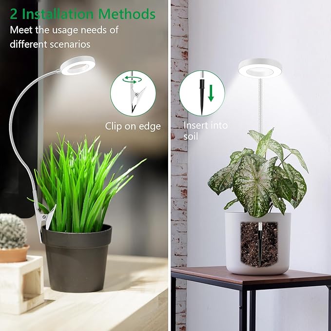 Grow Light, LED Full Spectrum Plant Light for Indoor Plants, 2 Mounting Methods Clip or Plug, White Halo Plant Growing Lamp with 3 Light Modes, 6/12/16H Timer, 5 Level Dimmable