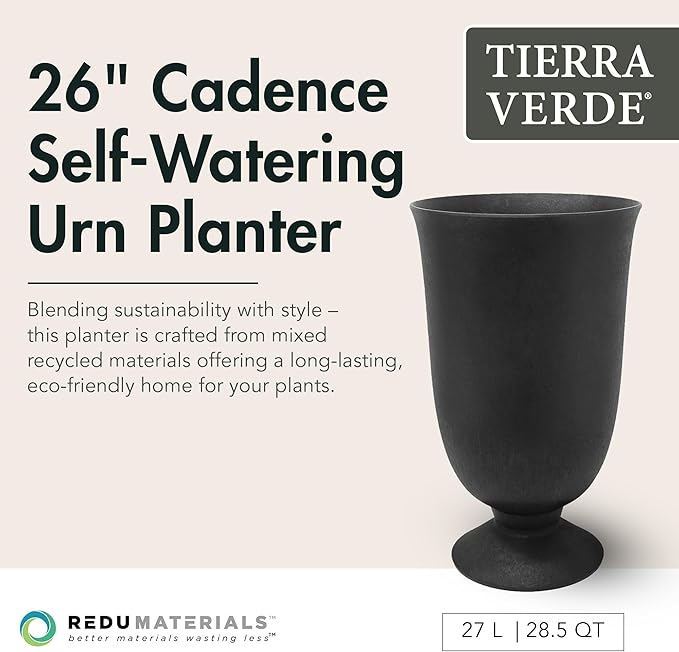 Tierra Verde Indoor & Outdoor Self-Watering Urn Planter, Cadence, 14" x 23", Black - Planting Containers for Plants and Flowers - Gardening and Landscaping Accessories