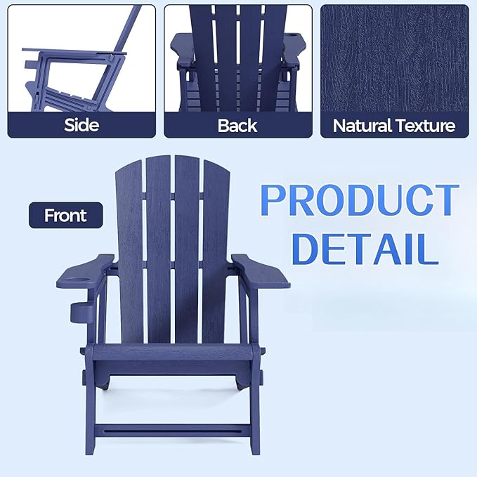 Adirondack Chair, All Weather Plastic Adirondack Chairs, Fire Pit Chairs with Cup Holder, Outdoor Lawn Chair for Patio, Garden, Backyard, Navy Blue