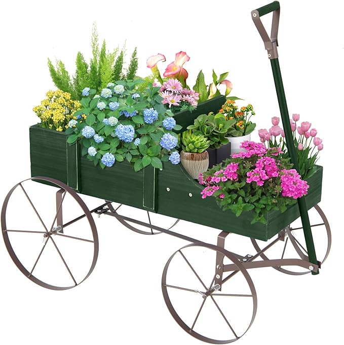 HAPPYGRILL Wooden Wagon Planter, 24.5” x 13.5” x 24” Decorative Garden Planter w/ 2 Planting Sections, Wheels, Handle, Small Decorated Cart, Flower Planter Box for Indoor Outdoor Patio (Green)