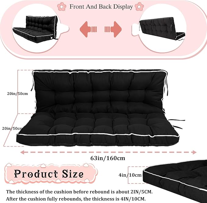 2-3 Seat Swing Replacement Cushion, Outdoor Bench Cushions with Backrest Thicken 4", Patio Furniture Garden Porch Loveseat Glider Pad Anti-Fading Waterproof (Black, 40x63in-thicken)