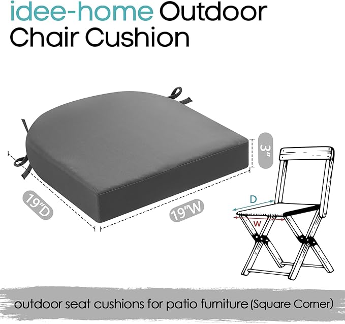 idee-home Outdoor Chair Cushions Set of 2, Thick 19" x 19" x 3" Outdoor Seat Cushions Patio Furniture Waterproof with Ties, Dining Pads