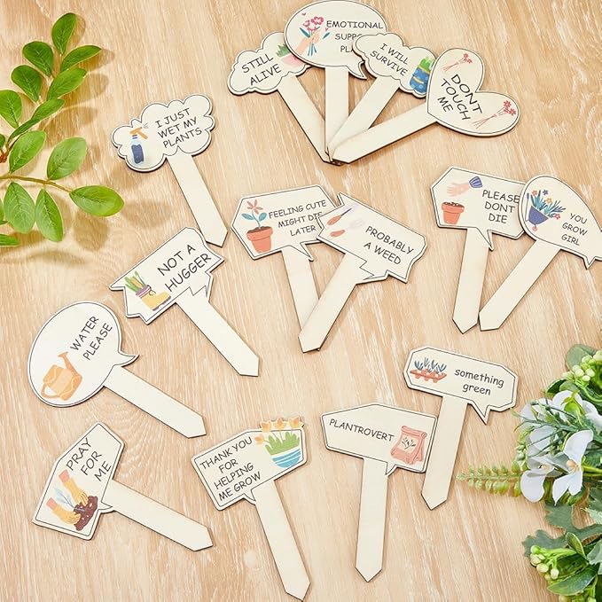15pcs Plant Garden Signs 15 Styles Funny Wooden Plant Markers T-Type Garden Labels with Stable Sharp Bottom for Vegetable Flowers Garden Potted Plants
