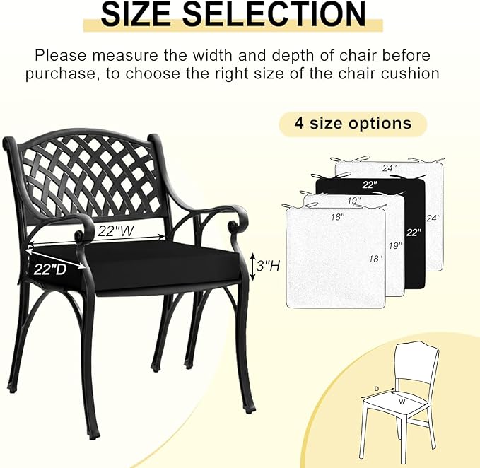 downluxe Waterproof Outdoor Chair Cushions for Patio Furniture, 22" x 22" x 3" Patio Chair Cushion with Adjustable Ties & Portable Handle, Square Outdoor Cushion with Removable Cover, Black, 2 Pack