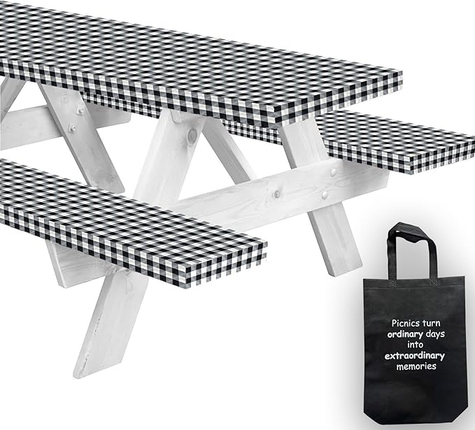 LINPRO 6ft Picnic Table Cover with Bench Covers Vinyl Fitted Picnic Table Covers with Elastic Camping Essentials and picnic tablecloth and RV Accessories with bag
