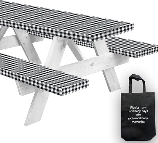 LINPRO 6ft Picnic Table Cover with Bench Covers Vinyl Fitted Picnic Table Covers with Elastic Camping Essentials and picnic tablecloth and RV Accessories with bag