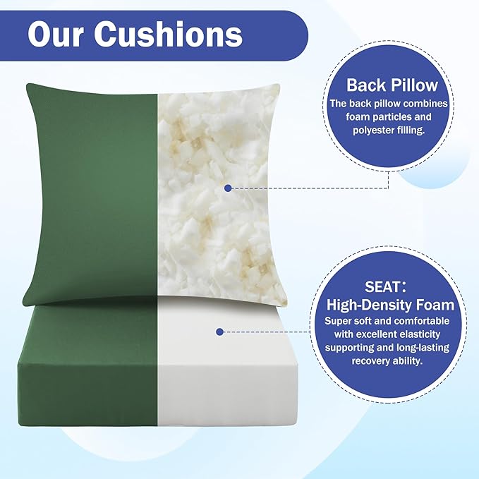 Outdoor Seat Cushion Set, Waterproof & Fade Resistant Patio Chair Cushions, Outdoors Cushion for Patio Furniture, 24 x 24 x 5.75 Inch, Outdoor Couch Cushions with Handle and Ties,ForestGreen