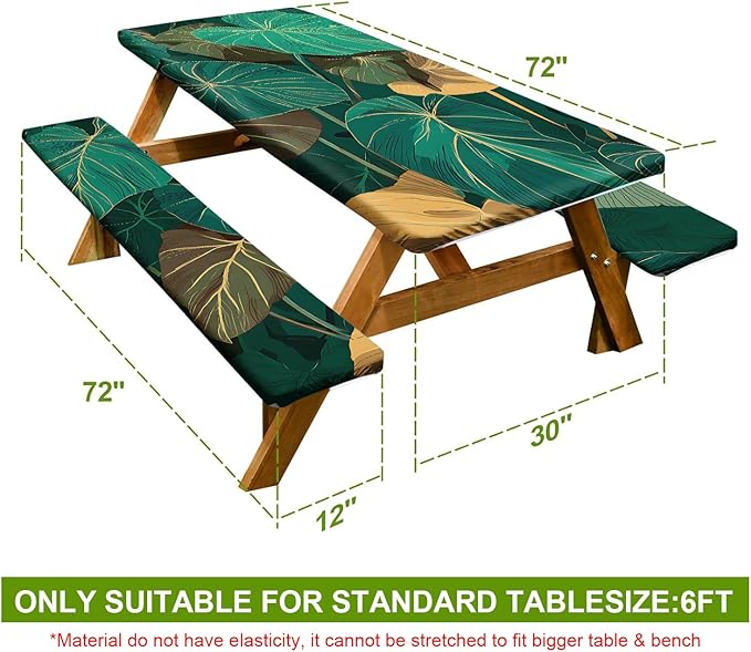 Picnic Table Cover with Bench Covers Set of 3 - Tropical Monstera Green Botanical Leaves Pattern, Elastic Fitted Tablecloth for 6 Ft Tables, Washable Polyester Cover for Patio, Indoor & Outdoor