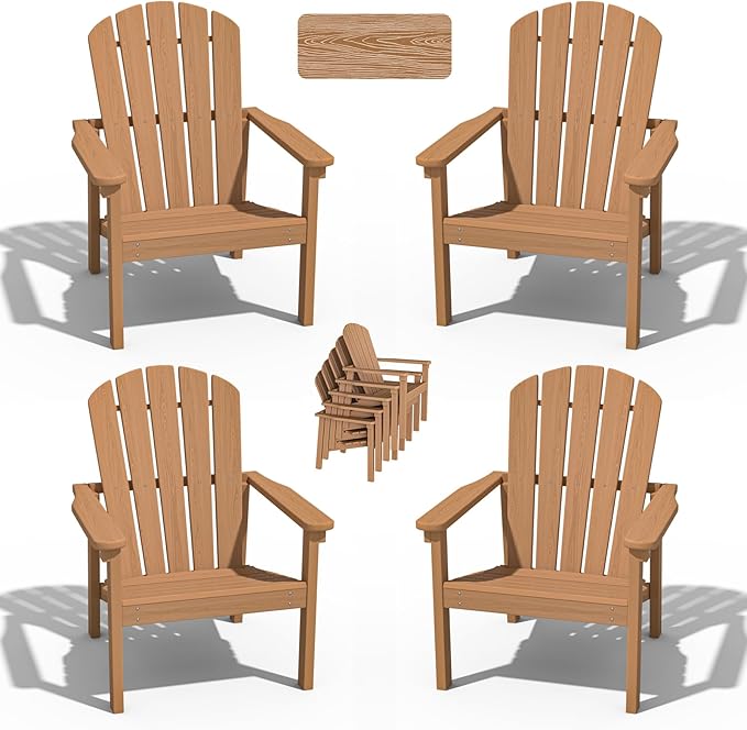 nevilywood Compact Stackable Adirondack Chairs Set of 4, 26.3" Wide HDPE Outdoor Patio Chairs - Durable, Space-Saving Design for Porch, Lawn or Garden, Teak